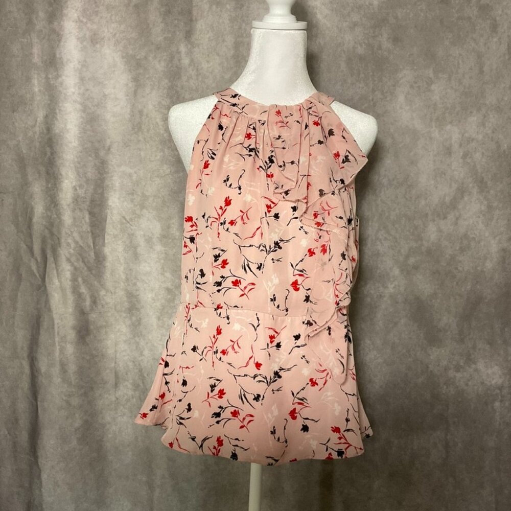 White House Black Market Pink Floral Ruffle High Neck Blouse Size 8 Medium